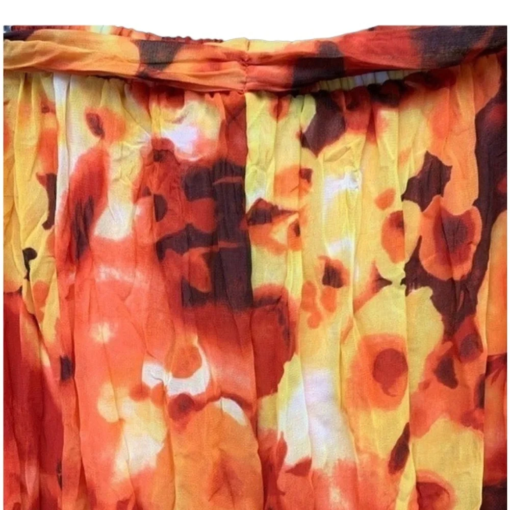 DS By Debbie‎ Shuchat Skirt Size M Orange Floral Peasant High Low Crinkled Boho